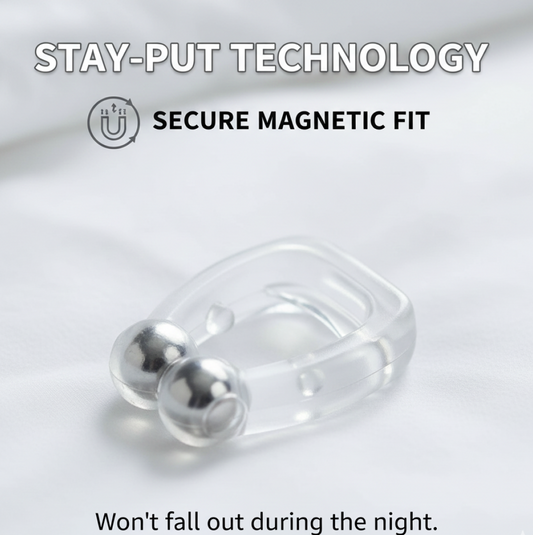 Magnetic anti-snore nose clip displayed in clear retail packaging.