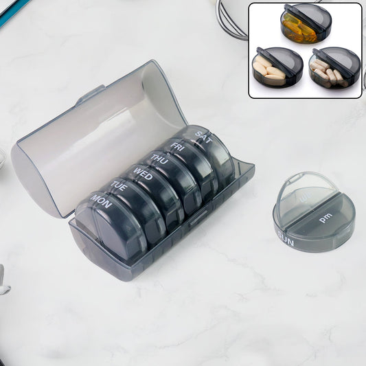 FERVENT Weekly Pill Organizer with 7 rainbow-colored daily boxes inside a clear case.