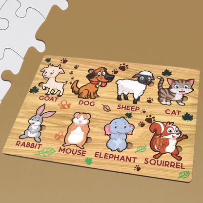 Brightly coloured wooden animal puzzle board for toddlers.