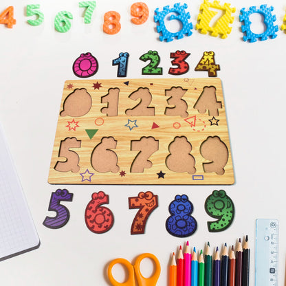 Toddler happily playing with a colorful wooden number puzzle board.