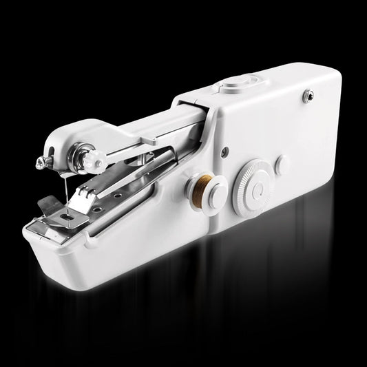 mini electric sewing machine in use, demonstrating its handheld design.