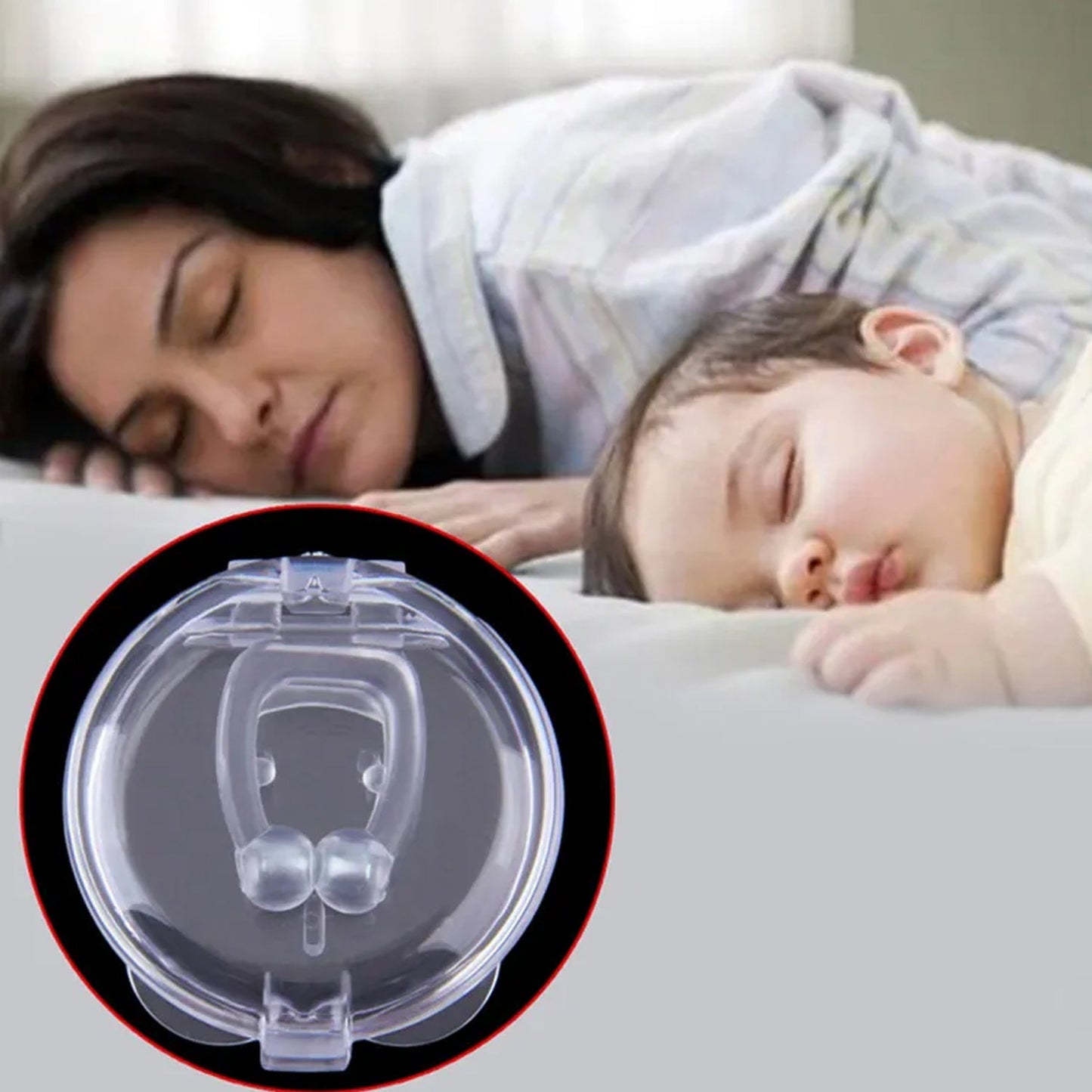 Diagram showing how the anti-snore nose clip gently opens nasal passages.