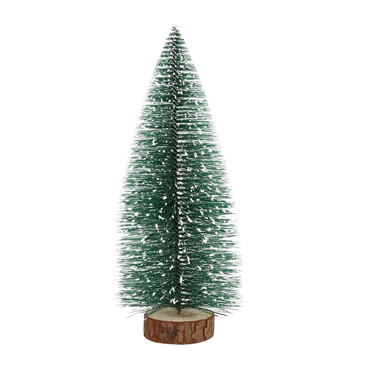 Decorative green artificial fir tree with snow effect standing on wooden base
