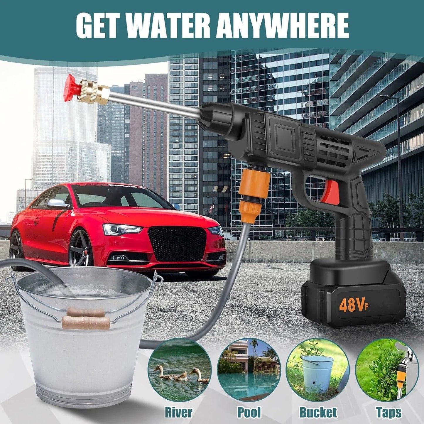 Close-up of the 48V car washer gun, highlighting the adjustable nozzle.