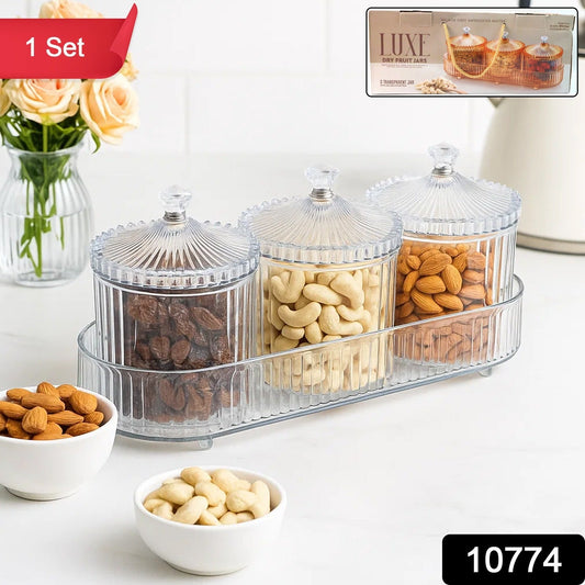 Close-up of dry fruit storage jar with clear ribbed glass and lift-top lid