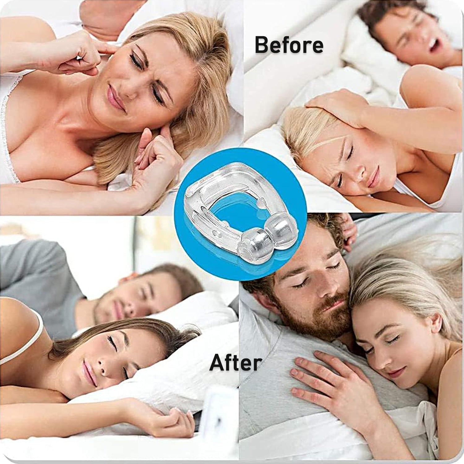 Graphic illustrating improved nasal airflow with the anti-snore nose clip.