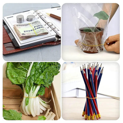 Reusable multicolor rubber bands providing flexible organization for office and home.