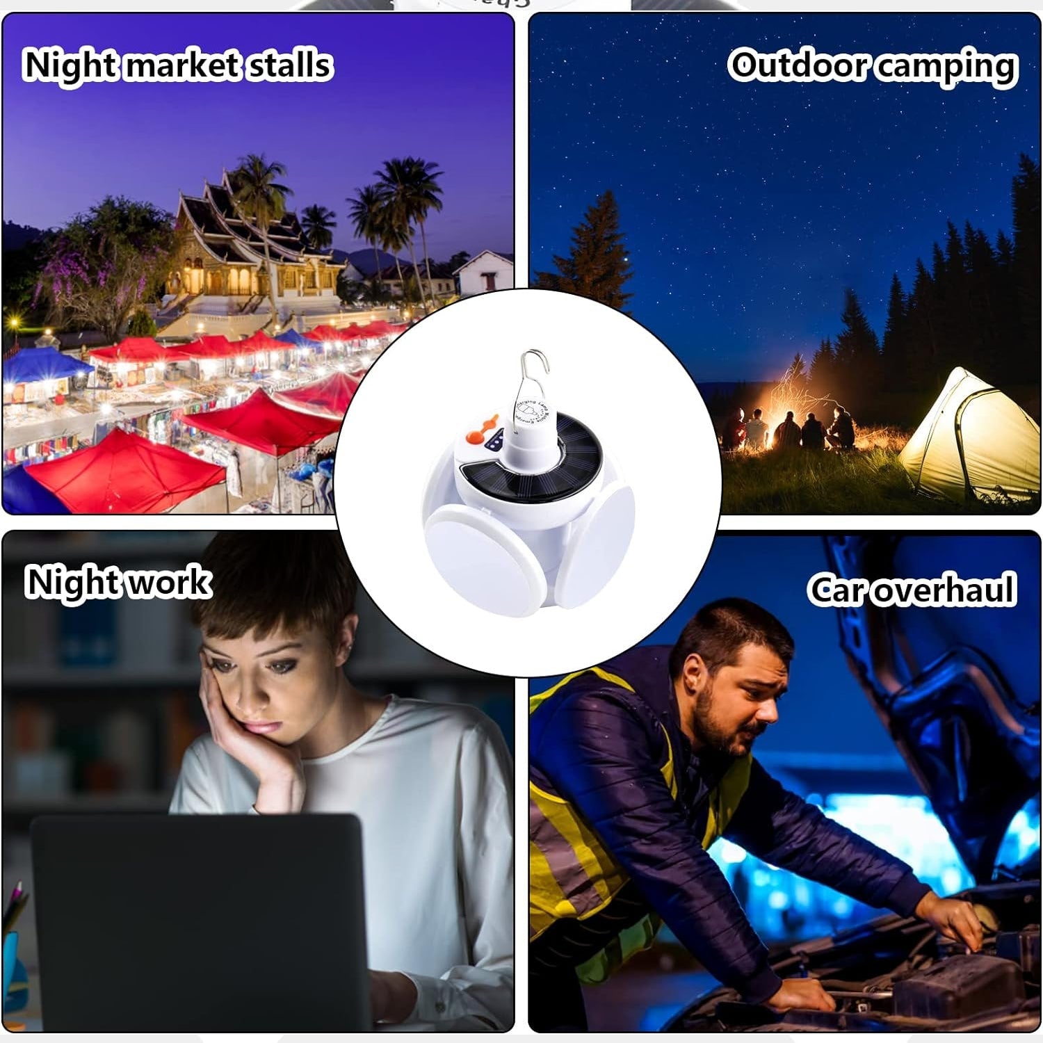 Solar Camping Light brightly illuminating an outdoor area after dark.