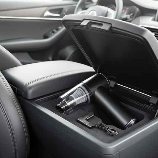 USB rechargeable car vacuum cleaner with charging cable and nozzle attachments.