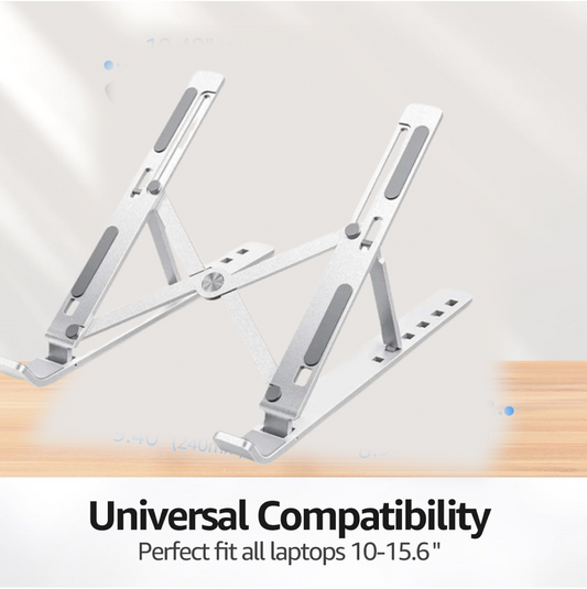 The portable laptop stand folded compactly, highlighting its travel-friendly design.