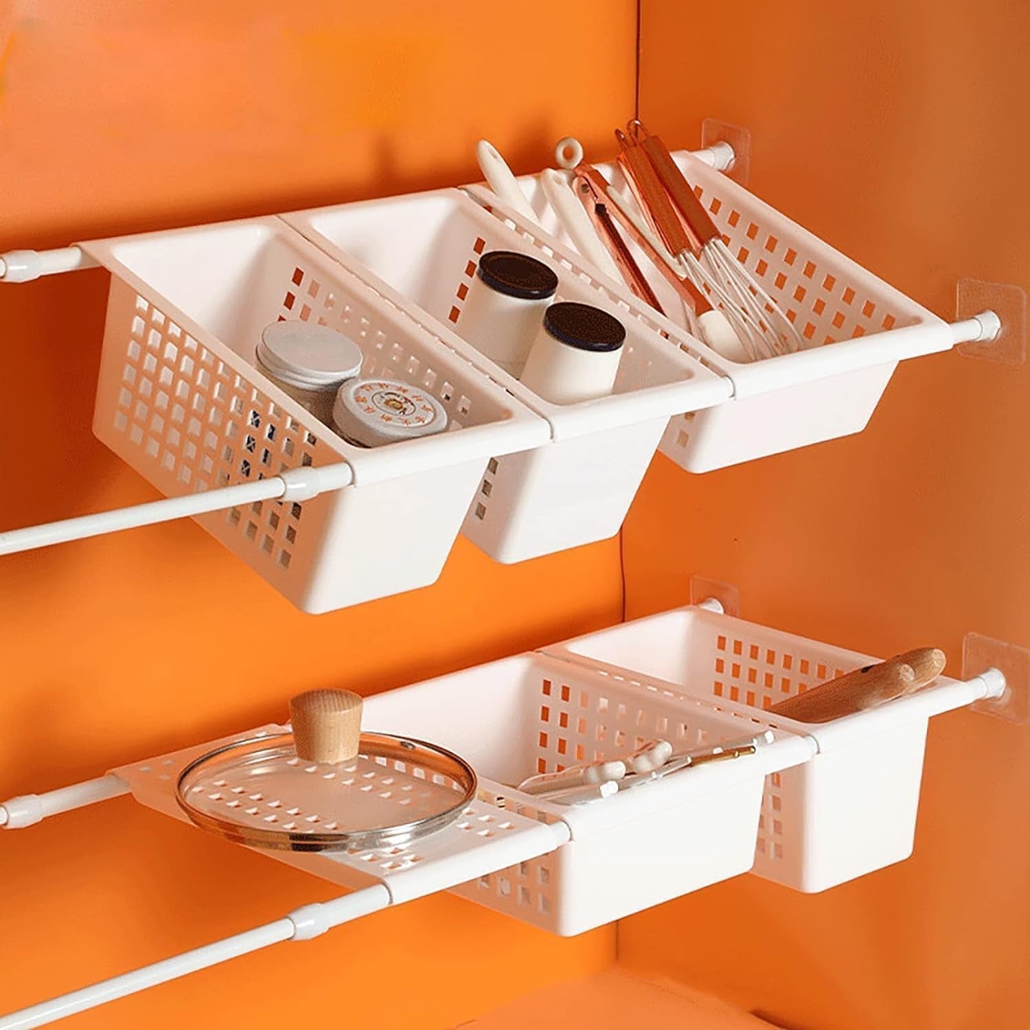 Bathroom curtain with adhesive rod holder mounted on wall