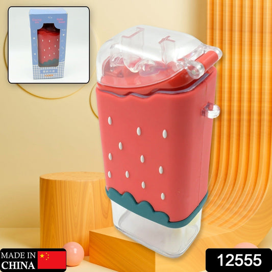 Side view of the ice cream water bottle for kids with a built-in straw.