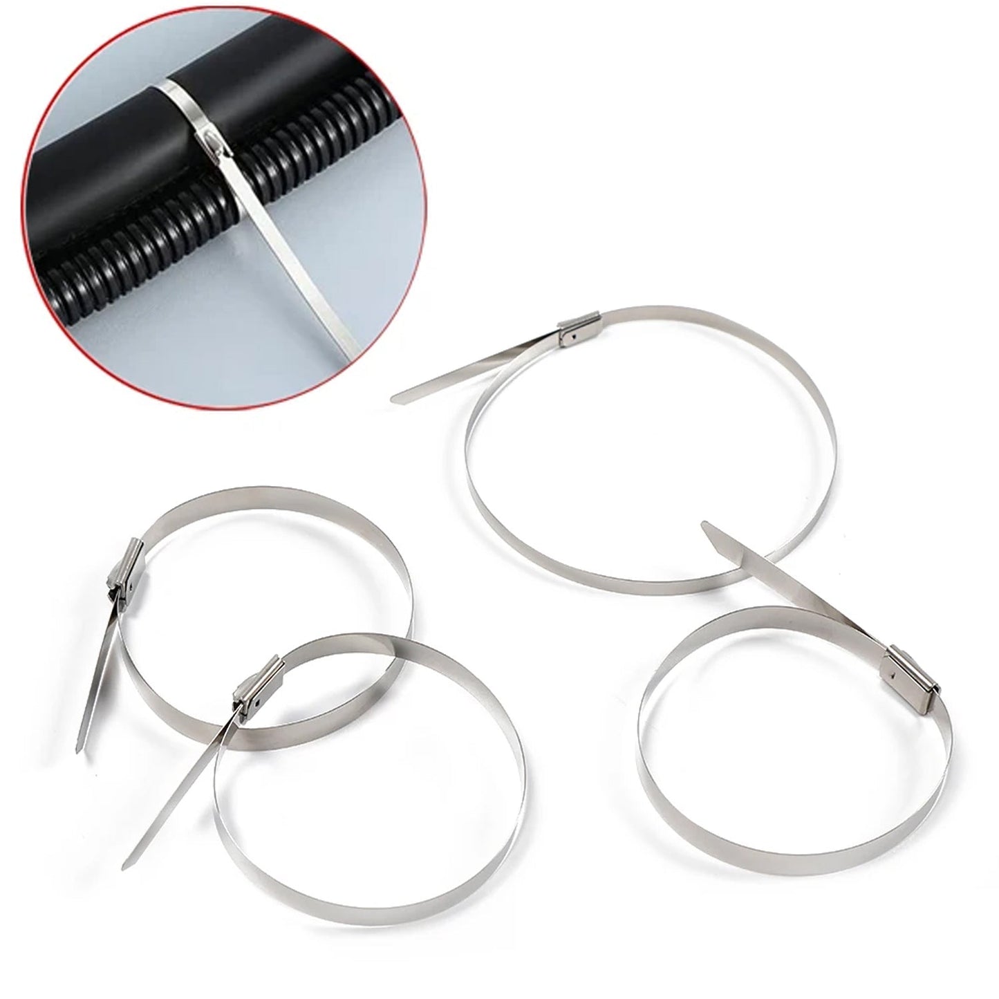 A hand tightening a rustproof cable tie around a pipe, illustrating easy application without special tools.