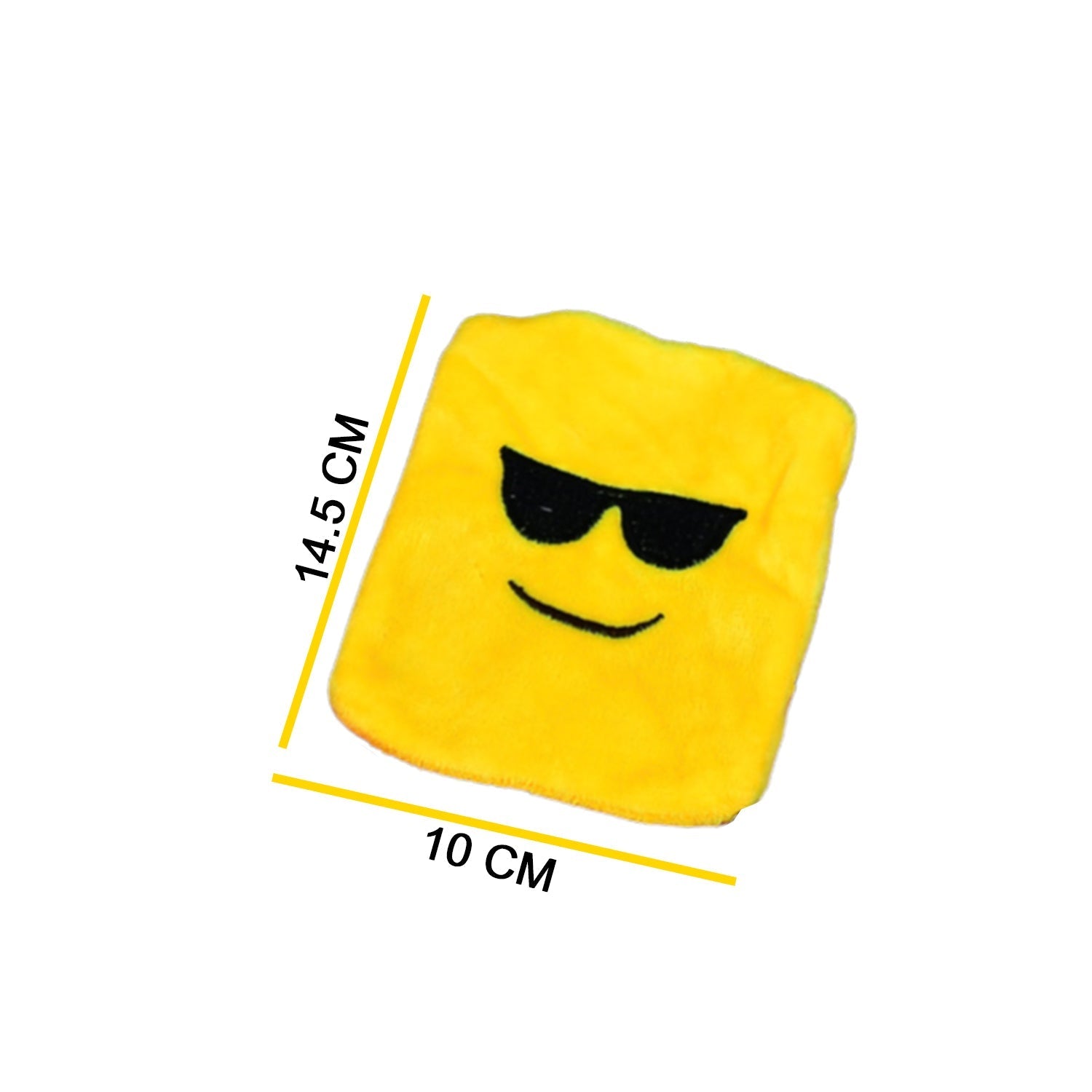 Hand holding a mini emoji hot water bag, ready for quick and comforting pain relief.
