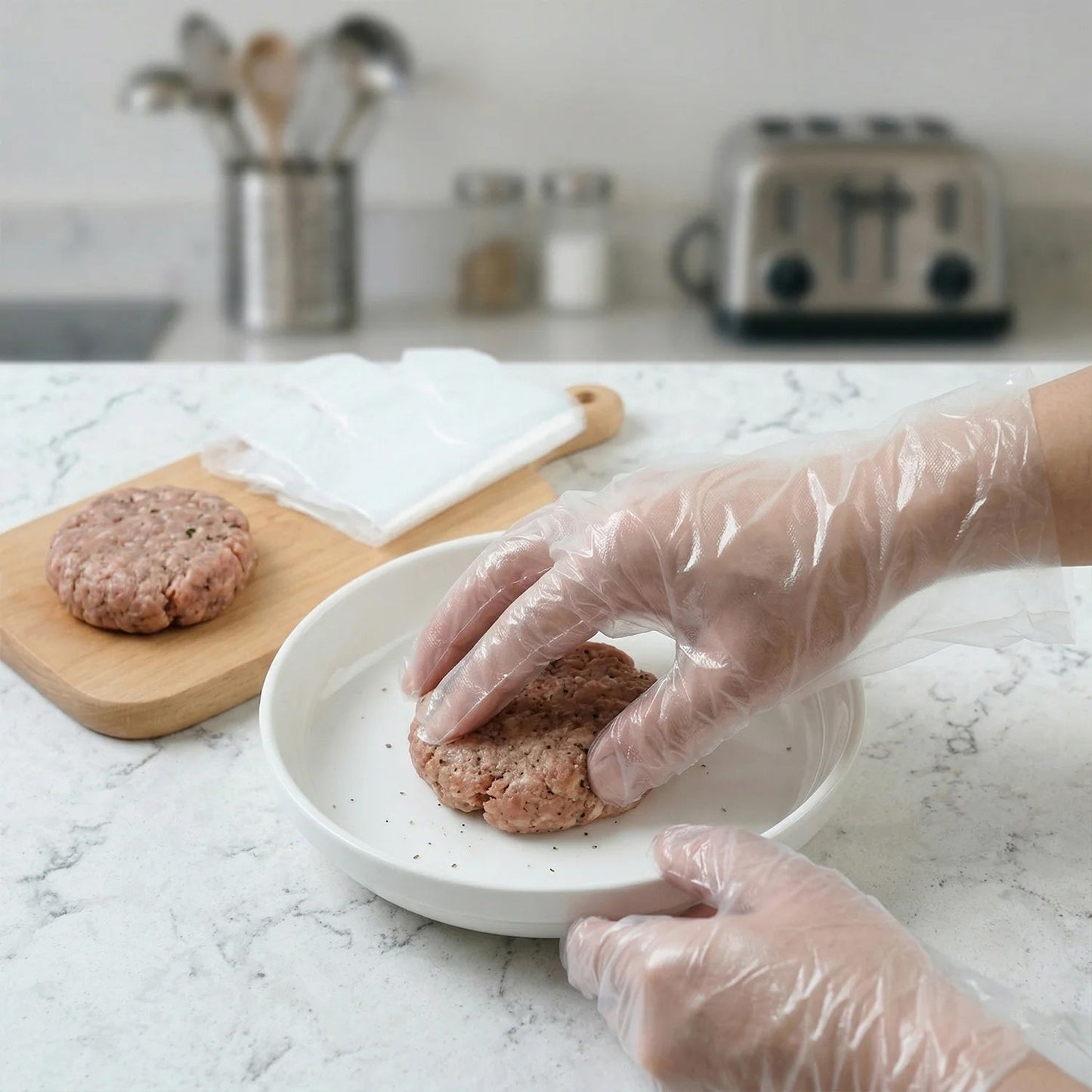 Disposable plastic gloves in transparent design for kitchen use