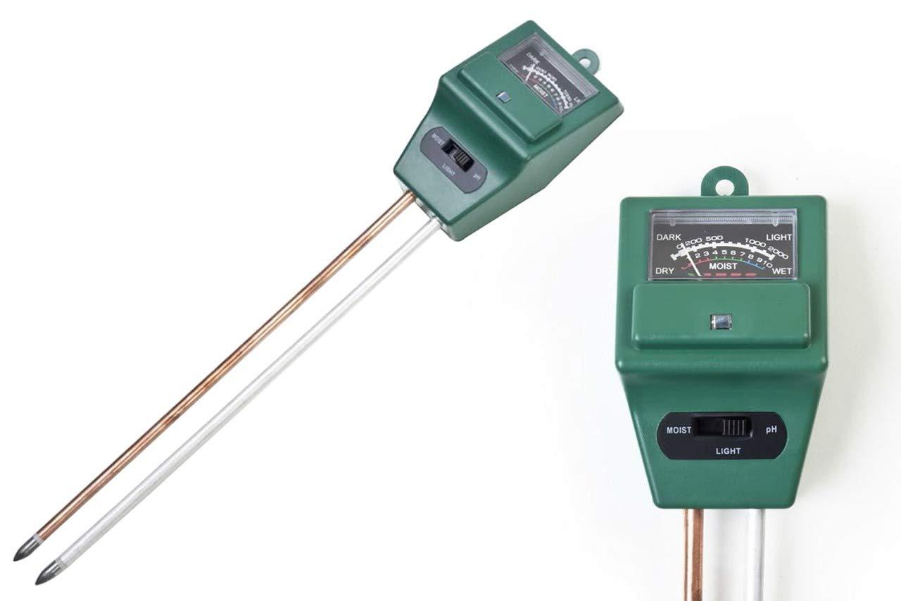 Hand holding the 3-way soil meter, inserting its probe into potted plant soil.