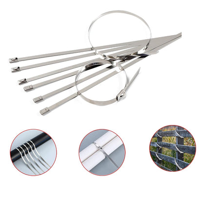 A stack of rustproof stainless steel zip ties, emphasizing their heavy-duty construction.