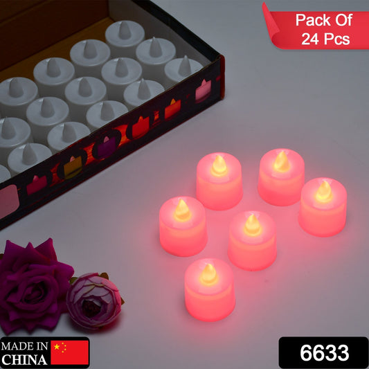 Decorative red flameless LED tealight candles illuminating a space.