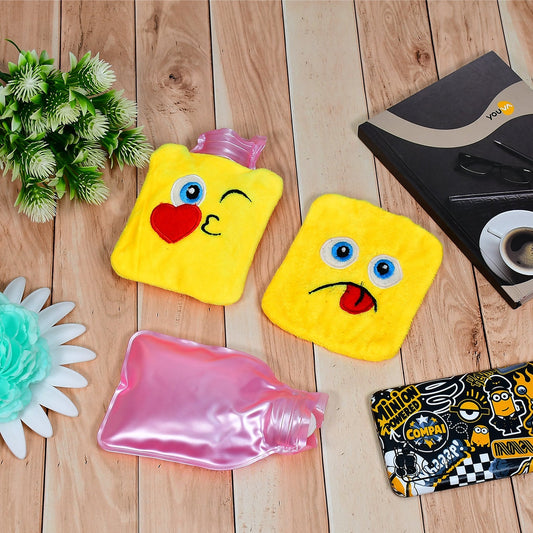 Assortment of colorful Mini Hot Water Bags with fun emoji designs on a white background.