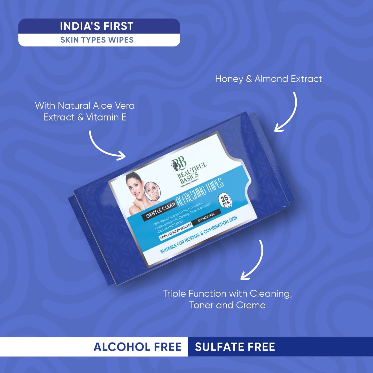 Several packs of Beautiful Basics facial wipes, convenient for travel.