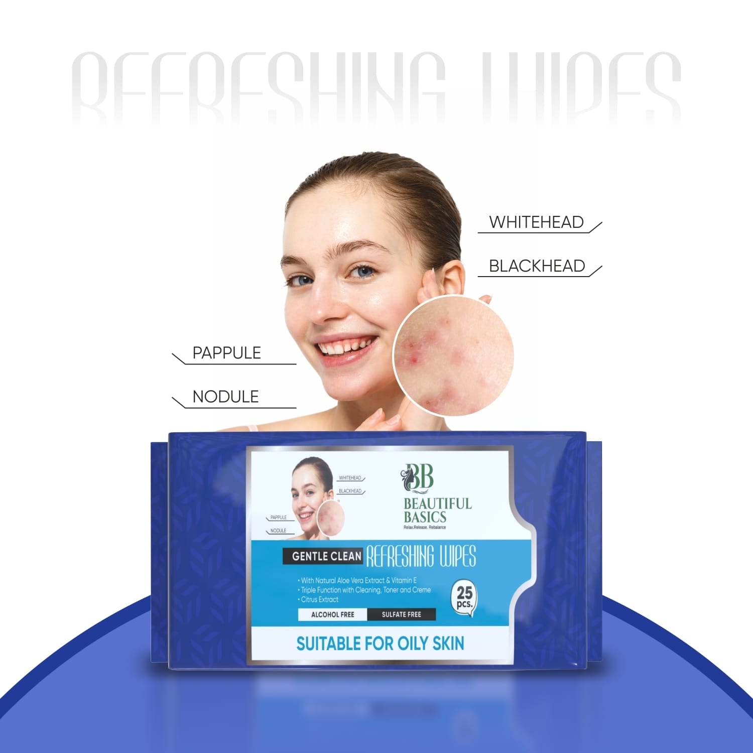 Close-up view of a soft, moist Beautiful Basics face wipe, ready to cleanse.